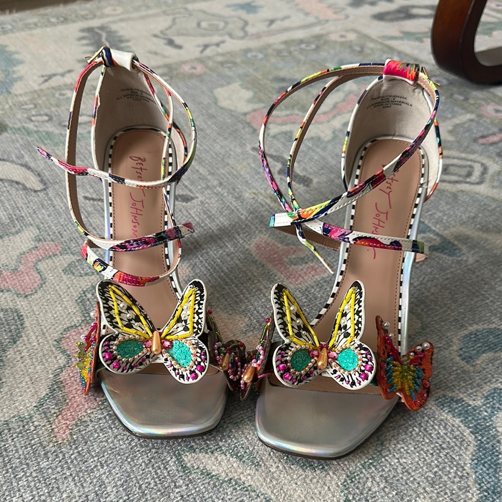 Betsey Johnson Trudie Heeled Sandal, Butterfly Heels in Multicolor/White